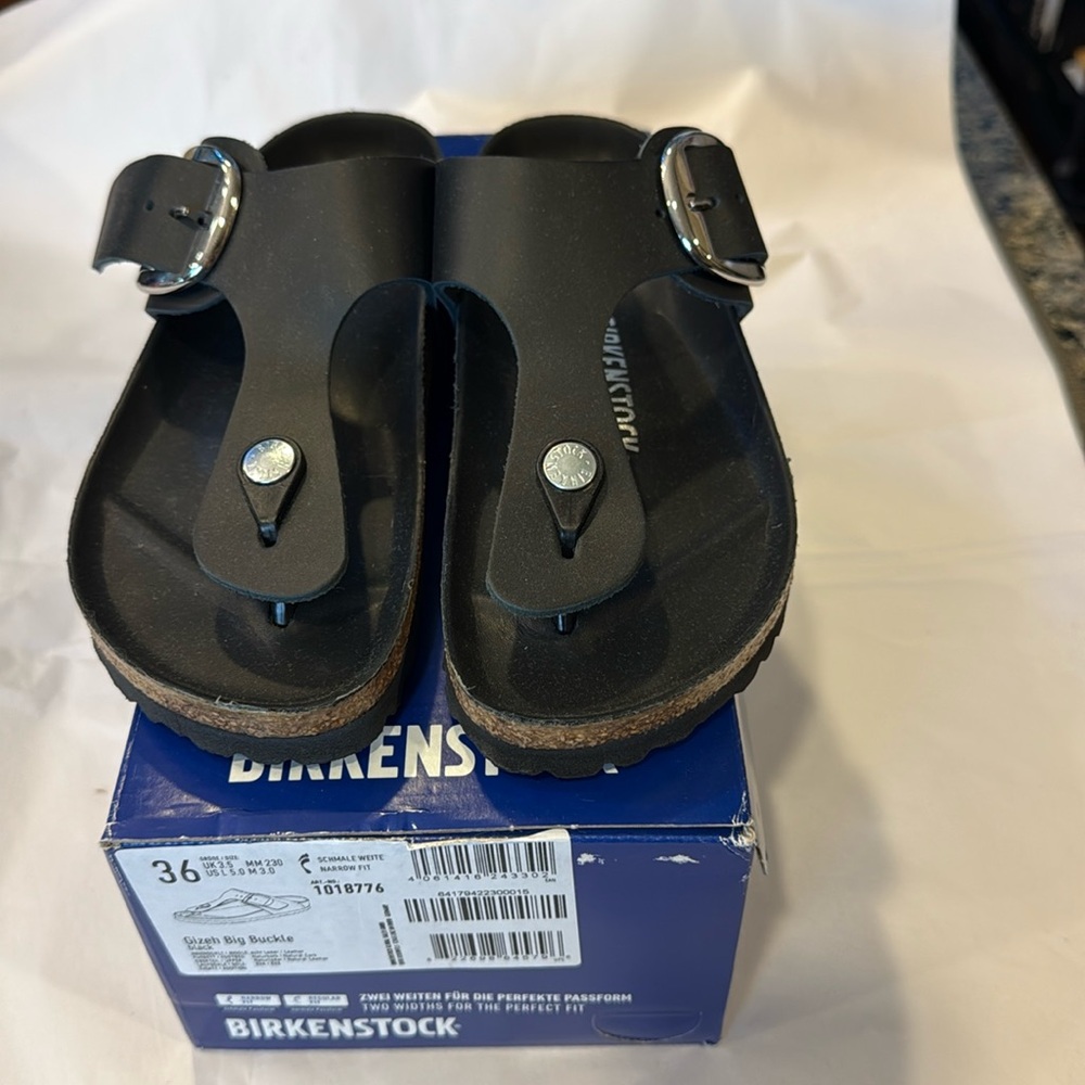 Birkenstock Black leather Gizeh big buckle Sandals with Cork Footbed 36 …